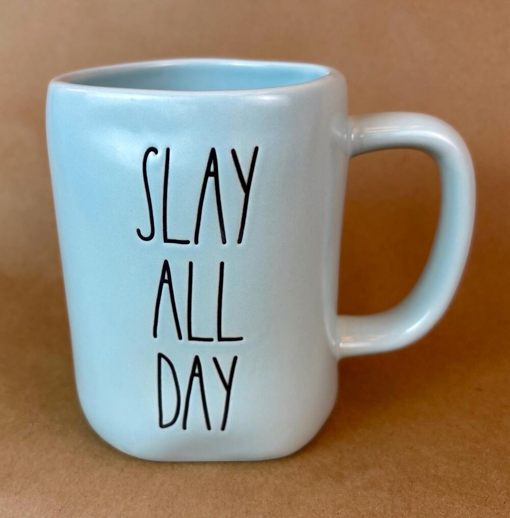Rae Dunn Artisan Collection “Slay All Day” light blue mug, by Magenta